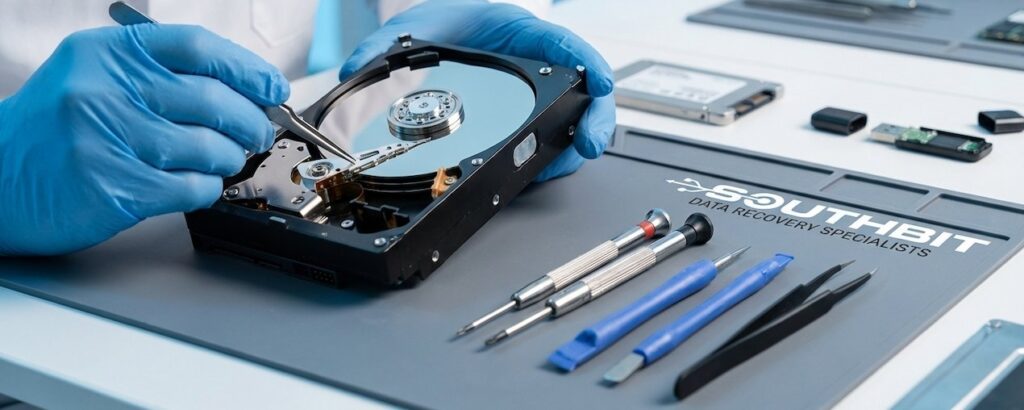Data recovery technician working on an open hard drive at the SouthBit lab in Cape Town